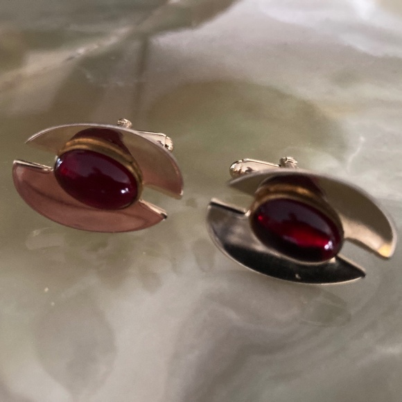 Vintage Anson Modernist Cufflinks – Red Lucite Cabochon – Mid Century Atomic Spa - Picture 2 of 6